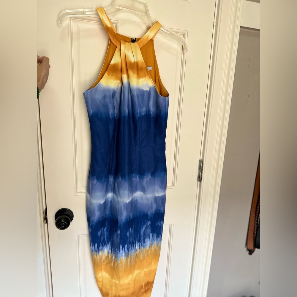 NWT H&M Halter Style Dress Yellow and Blue Midi Length Sz 6